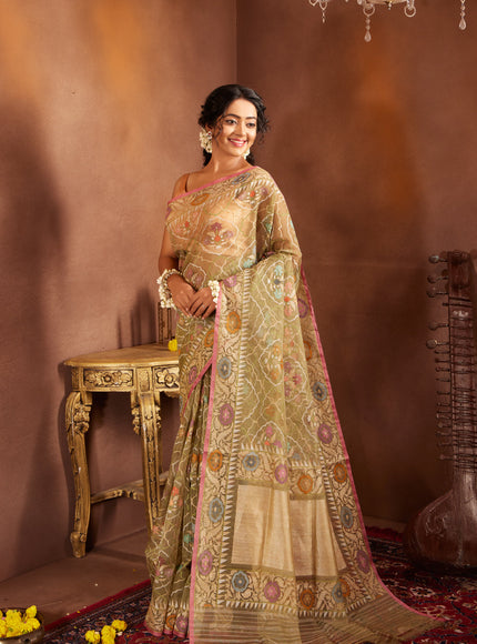 Pastel Green & Pink Real Zari Banarasi Kora Saree With Jamdani Weaves