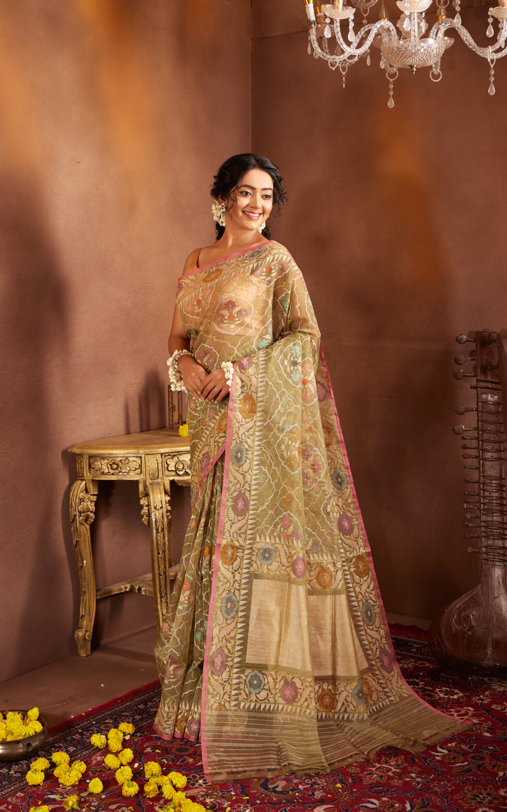 Pastel Green & Pink Real Zari Banarasi Kora Saree With Jamdani Weaves