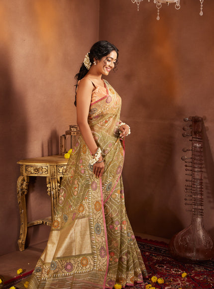 Pastel Green & Pink Real Zari Banarasi Kora Saree With Jamdani Weaves