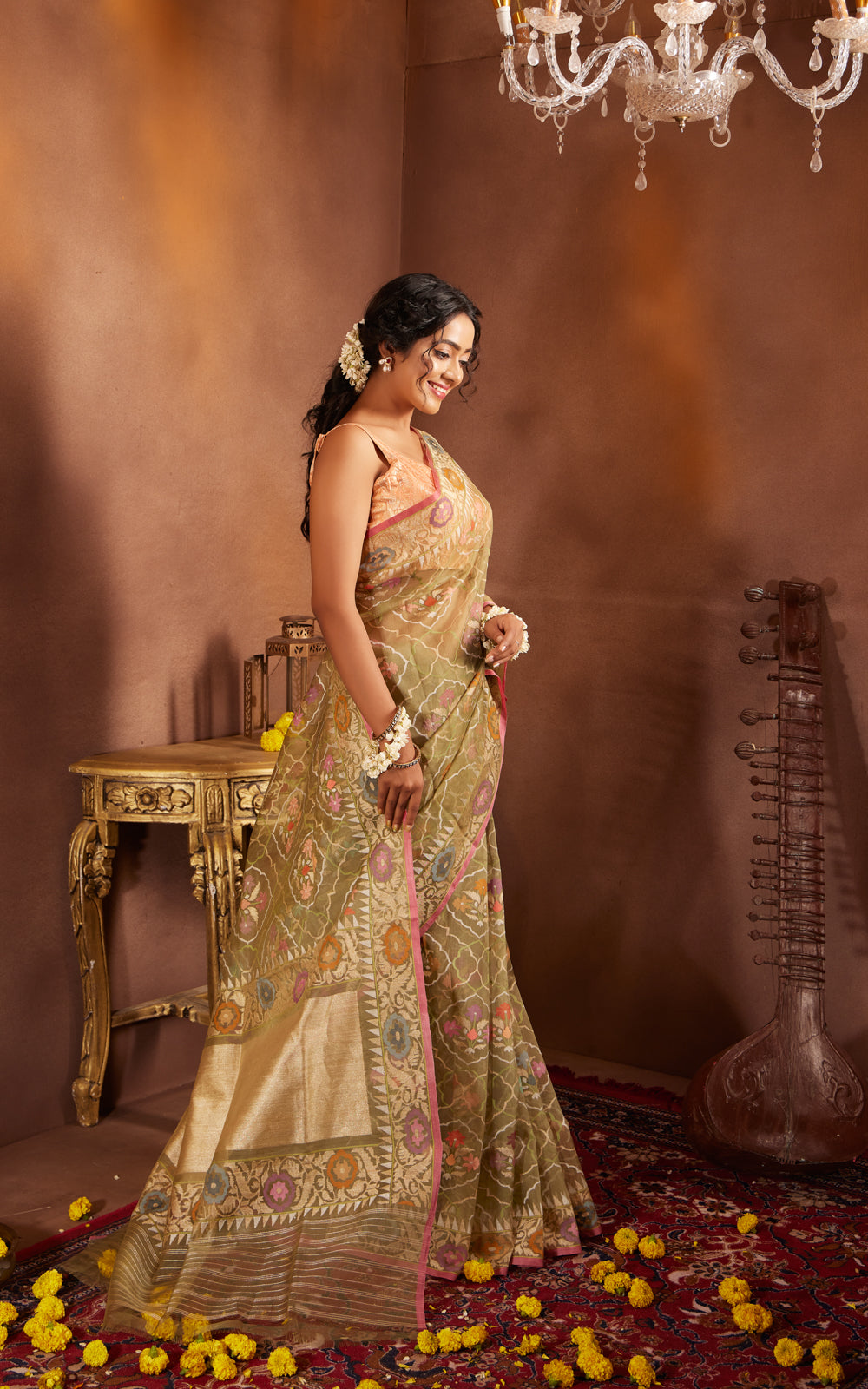 Pastel Green & Pink Real Zari Banarasi Kora Saree With Jamdani Weaves