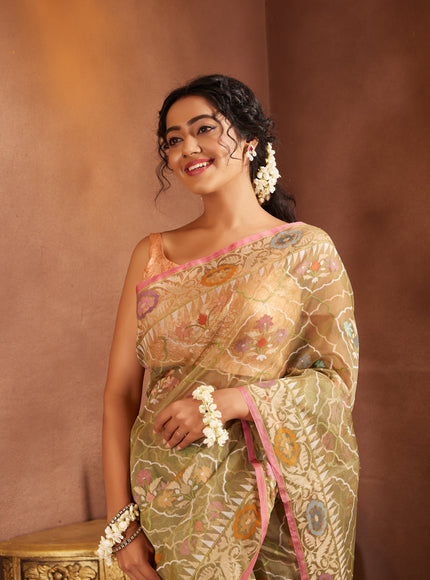 Pastel Green & Pink Real Zari Banarasi Kora Saree With Jamdani Weaves