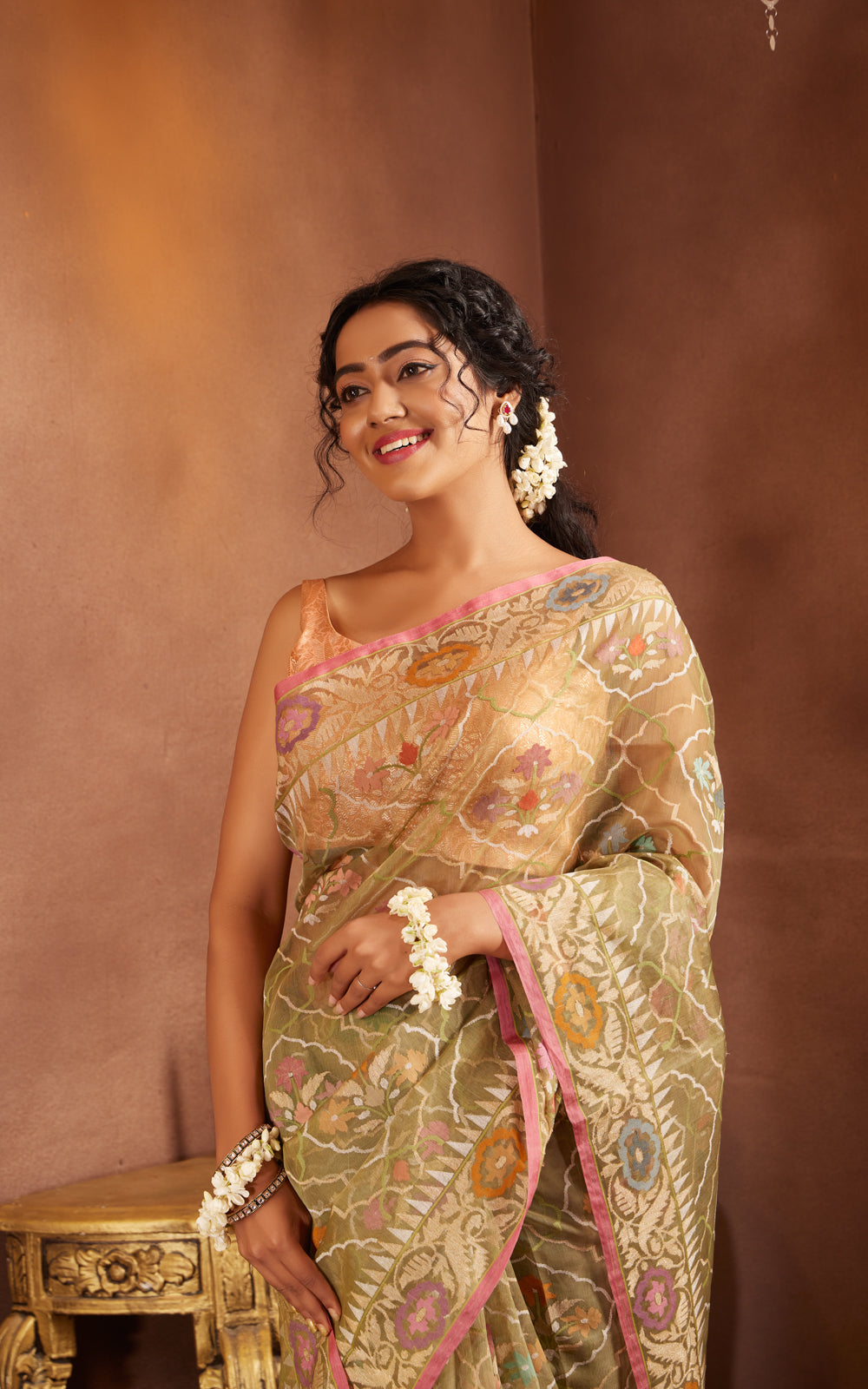 Pastel Green & Pink Real Zari Banarasi Kora Saree With Jamdani Weaves