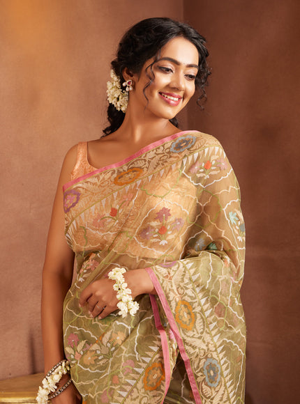 Pastel Green & Pink Real Zari Banarasi Kora Saree With Jamdani Weaves