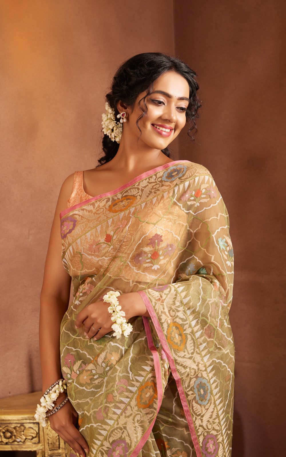 Pastel Green & Pink Real Zari Banarasi Kora Saree With Jamdani Weaves