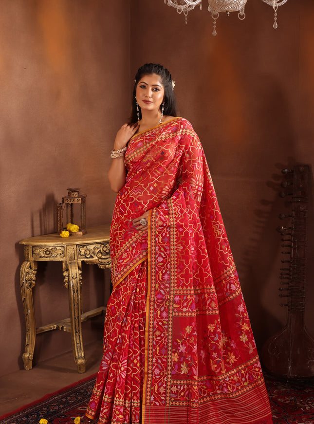 Red Real Zari Banarasi Kora Saree With Jamdani Weaves