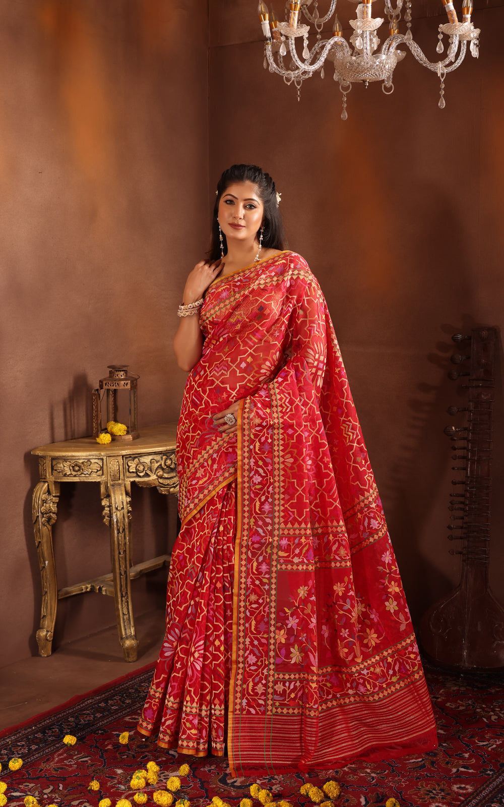 Red Real Zari Banarasi Kora Saree With Jamdani Weaves