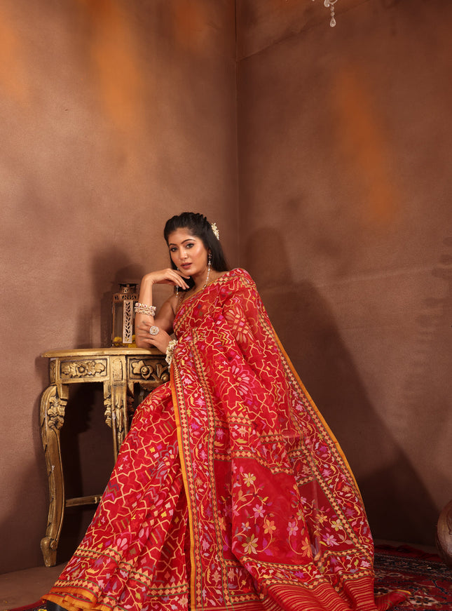 Red Real Zari Banarasi Kora Saree With Jamdani Weaves