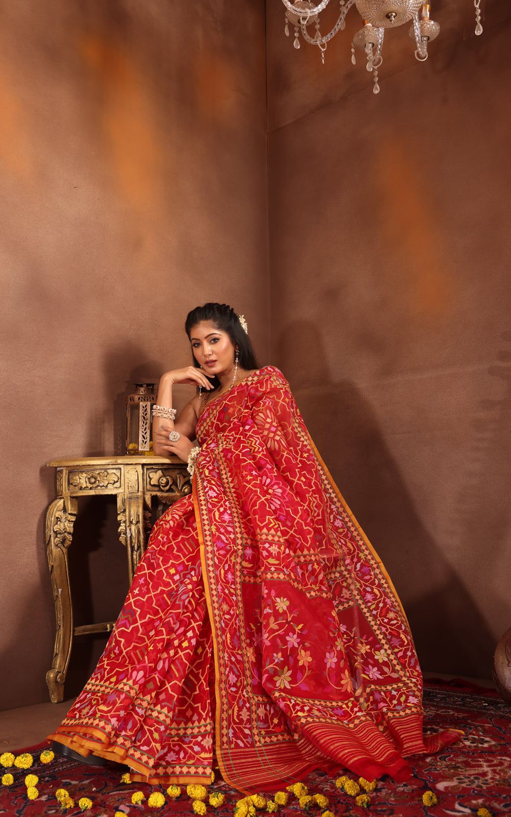 Red Real Zari Banarasi Kora Saree With Jamdani Weaves