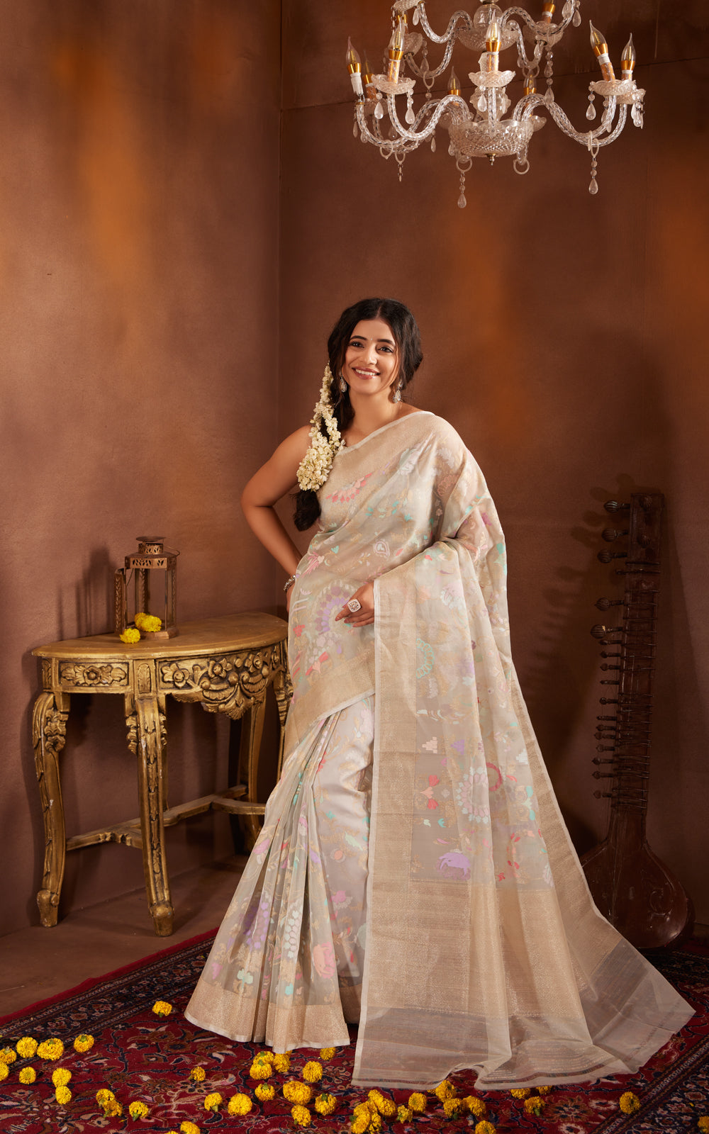 Pastel Blue Real Zari Banarasi Kora Saree With Jamdani Weaves