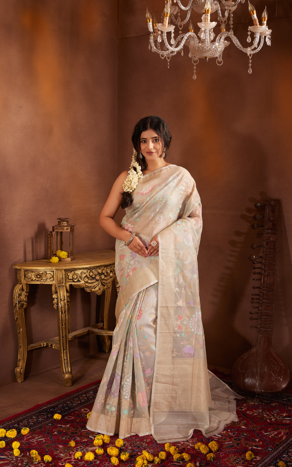 Pastel Blue Real Zari Banarasi Kora Saree With Jamdani Weaves
