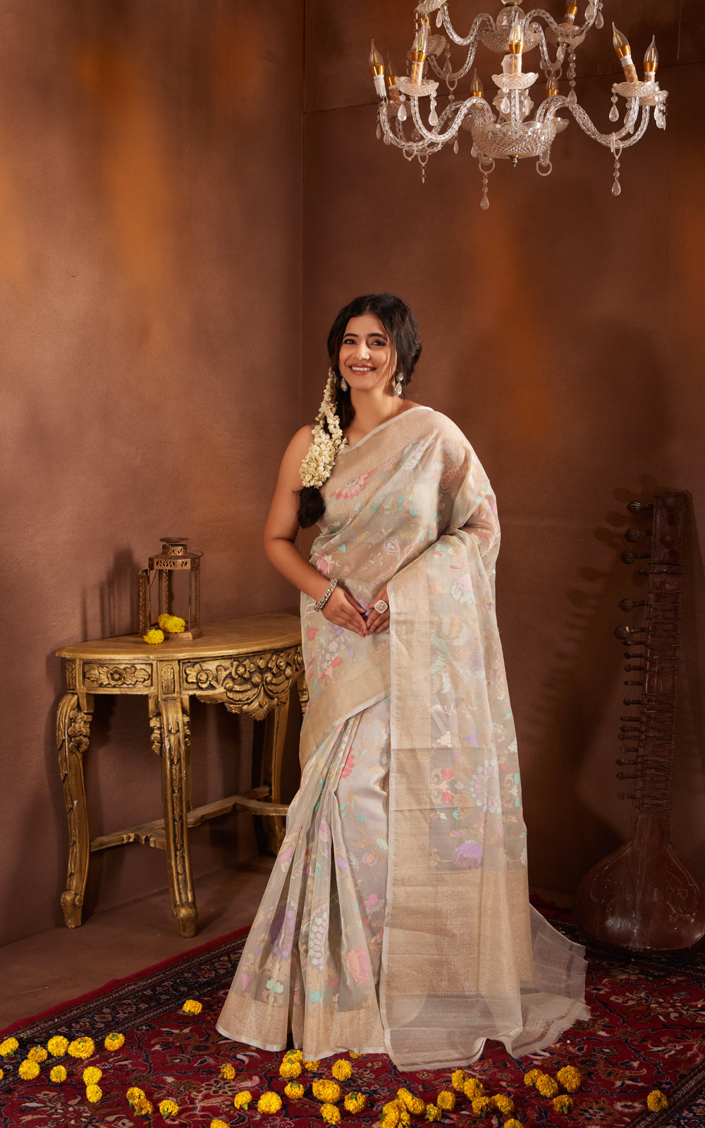 Pastel Blue Real Zari Banarasi Kora Saree With Jamdani Weaves