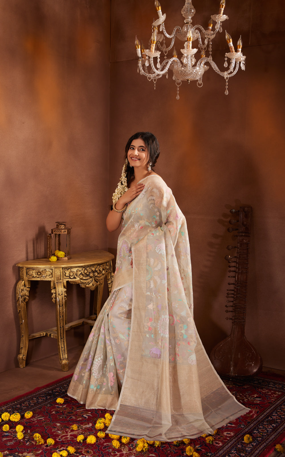 Pastel Blue Real Zari Banarasi Kora Saree With Jamdani Weaves