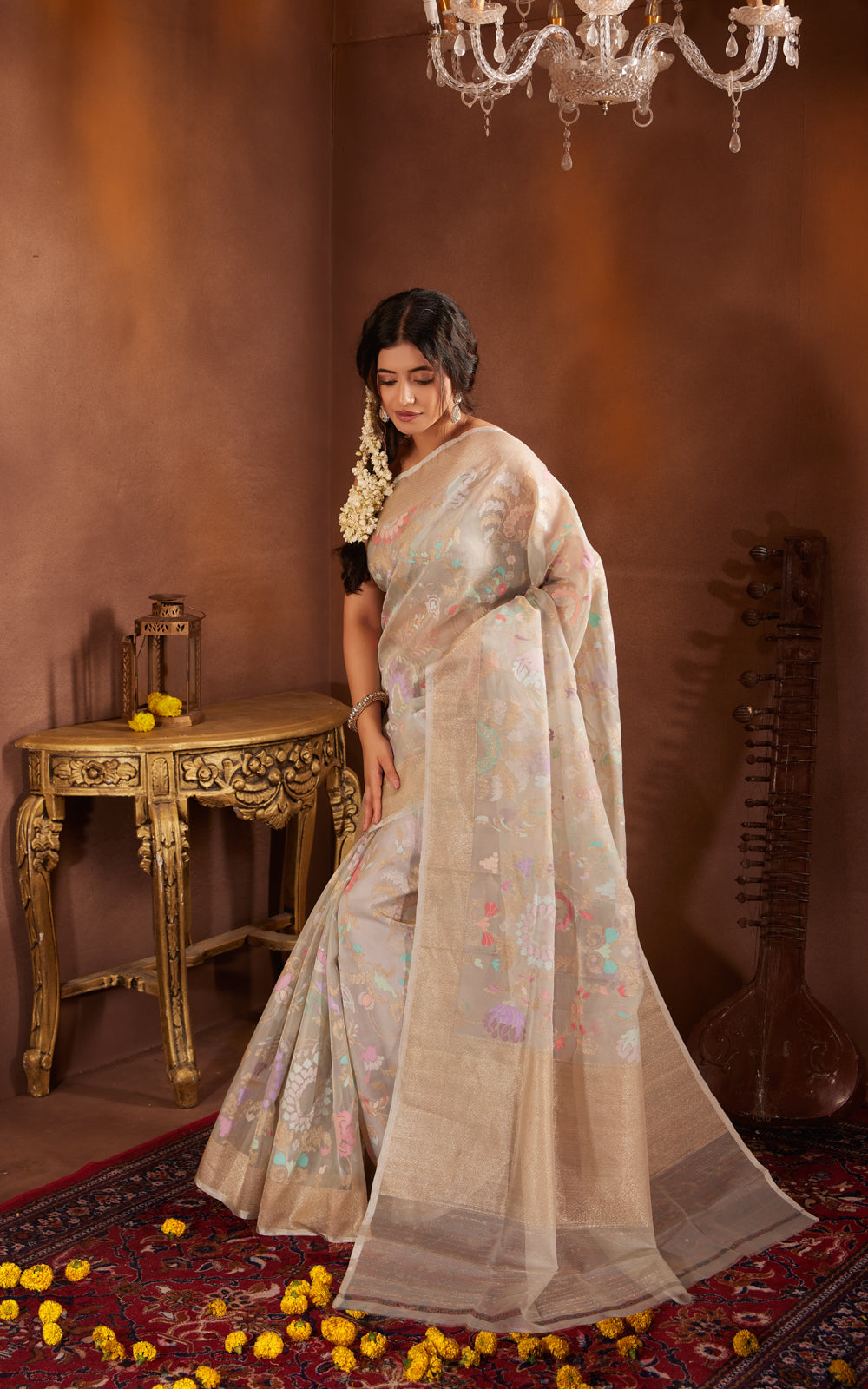 Pastel Blue Real Zari Banarasi Kora Saree With Jamdani Weaves