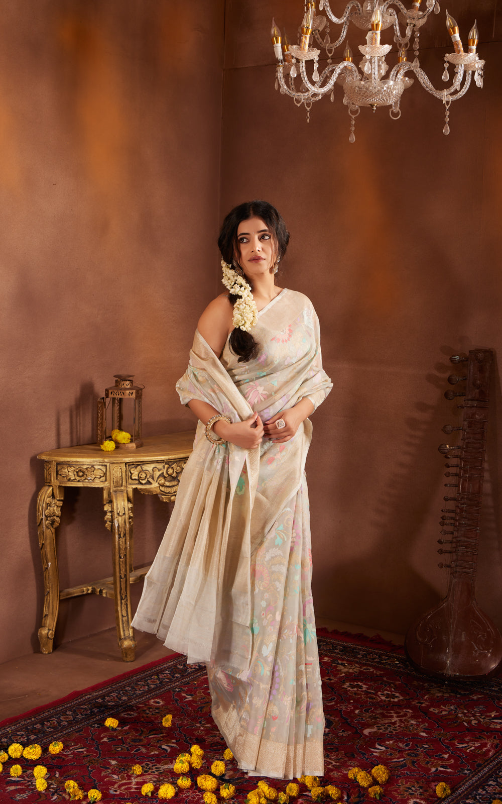 Pastel Blue Real Zari Banarasi Kora Saree With Jamdani Weaves