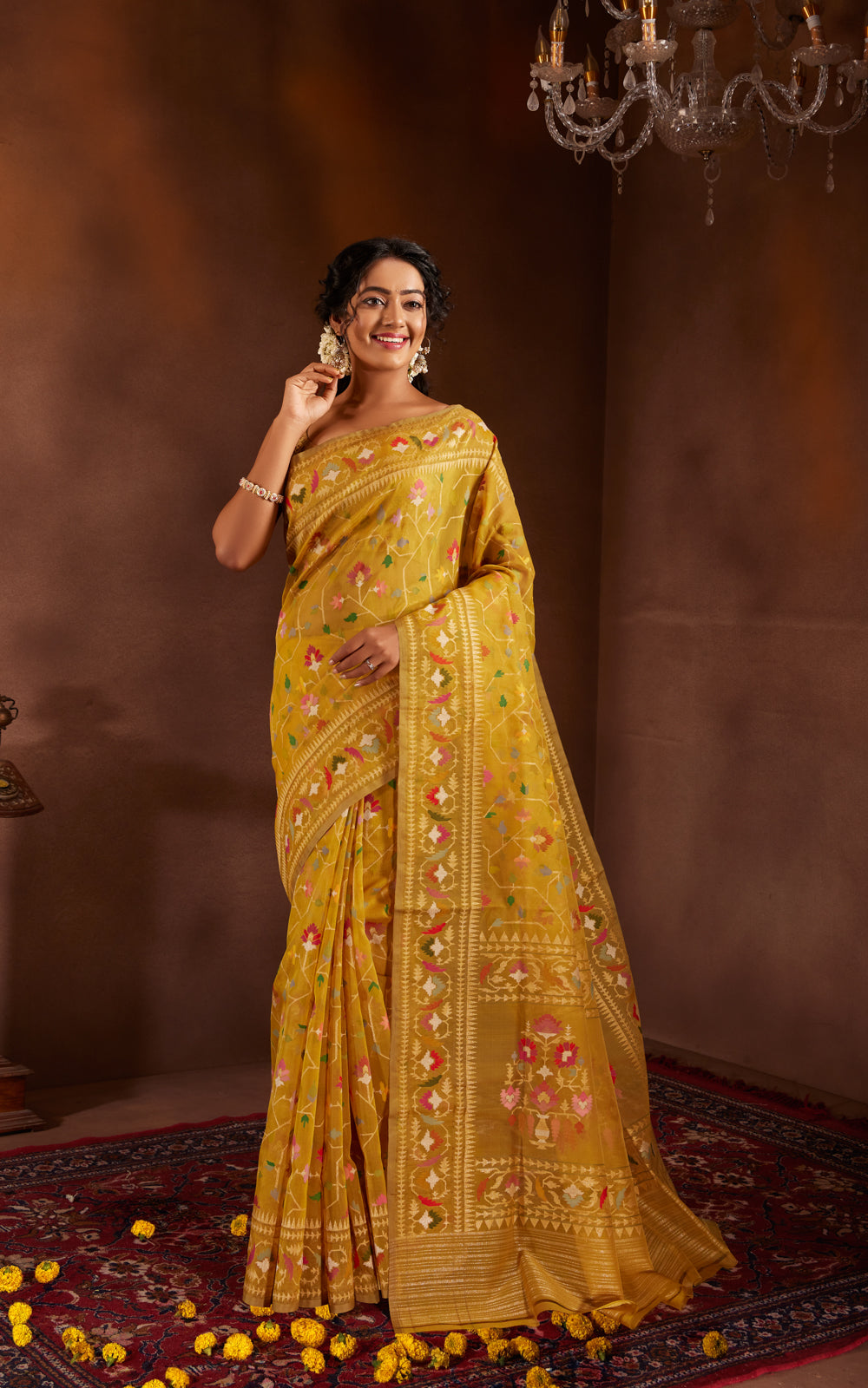 Yellow Real Zari Banarasi Kora Saree With Jamdani Weaves
