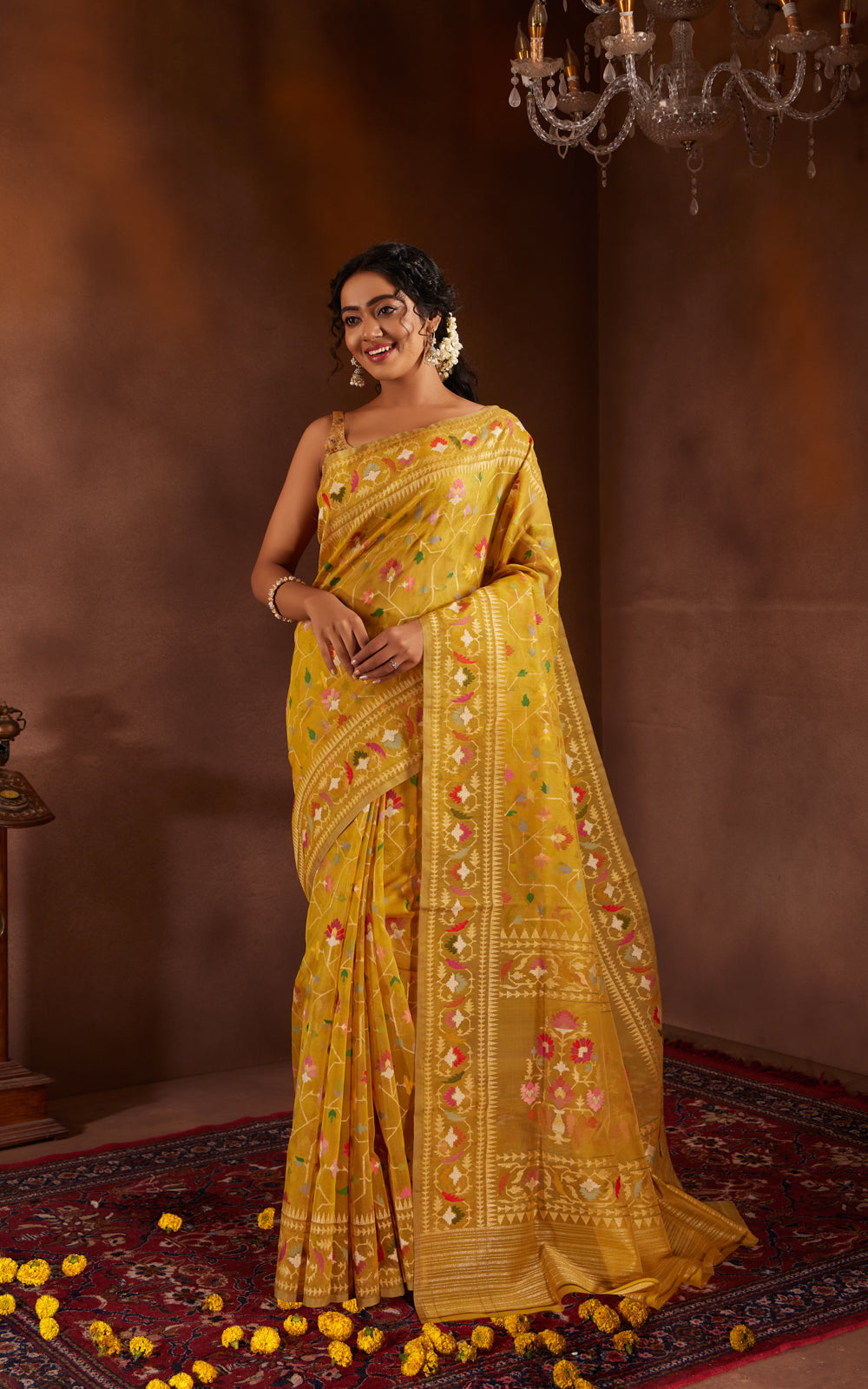 Yellow Real Zari Banarasi Kora Saree With Jamdani Weaves