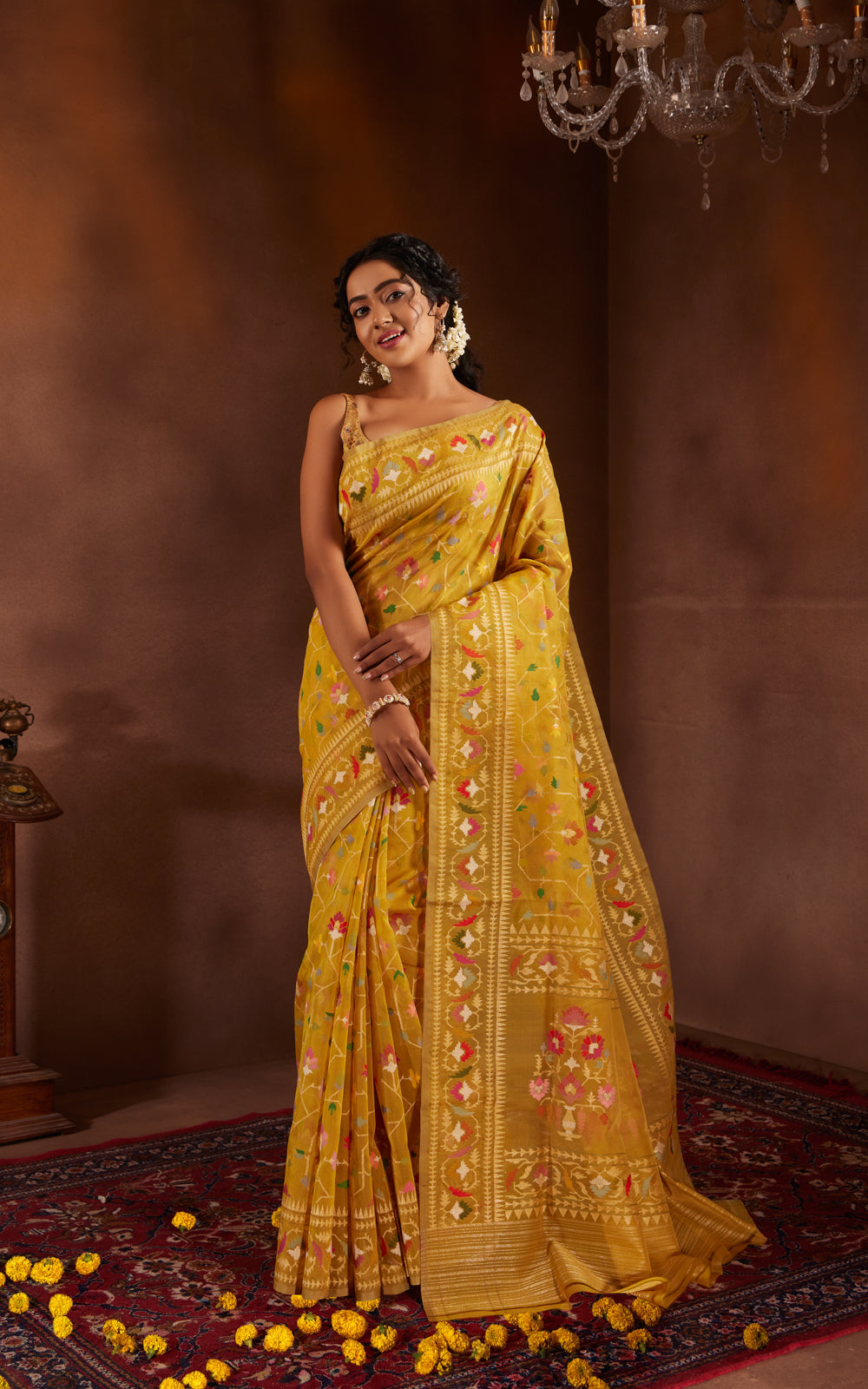 Yellow Real Zari Banarasi Kora Saree With Jamdani Weaves