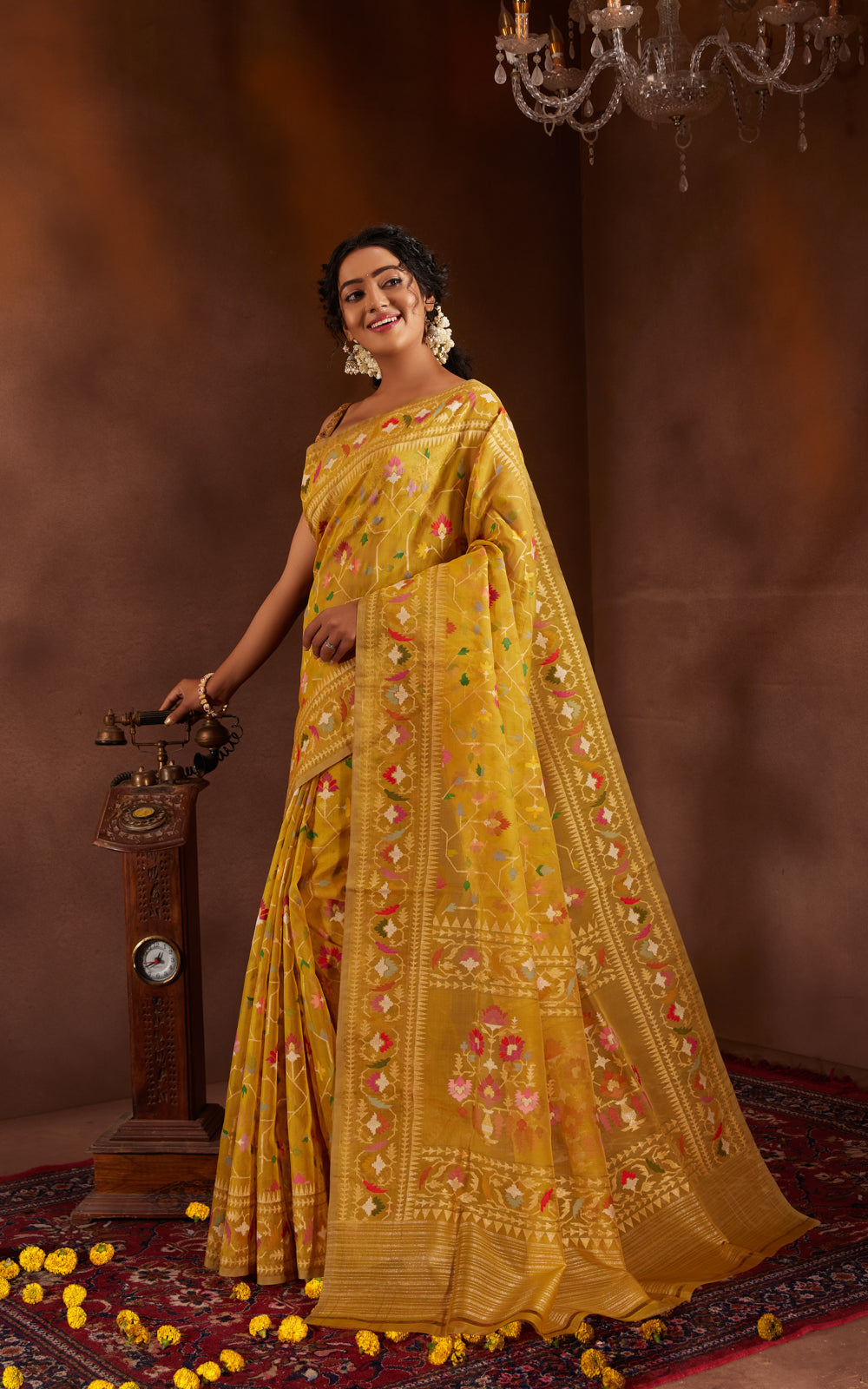 Yellow Real Zari Banarasi Kora Saree With Jamdani Weaves
