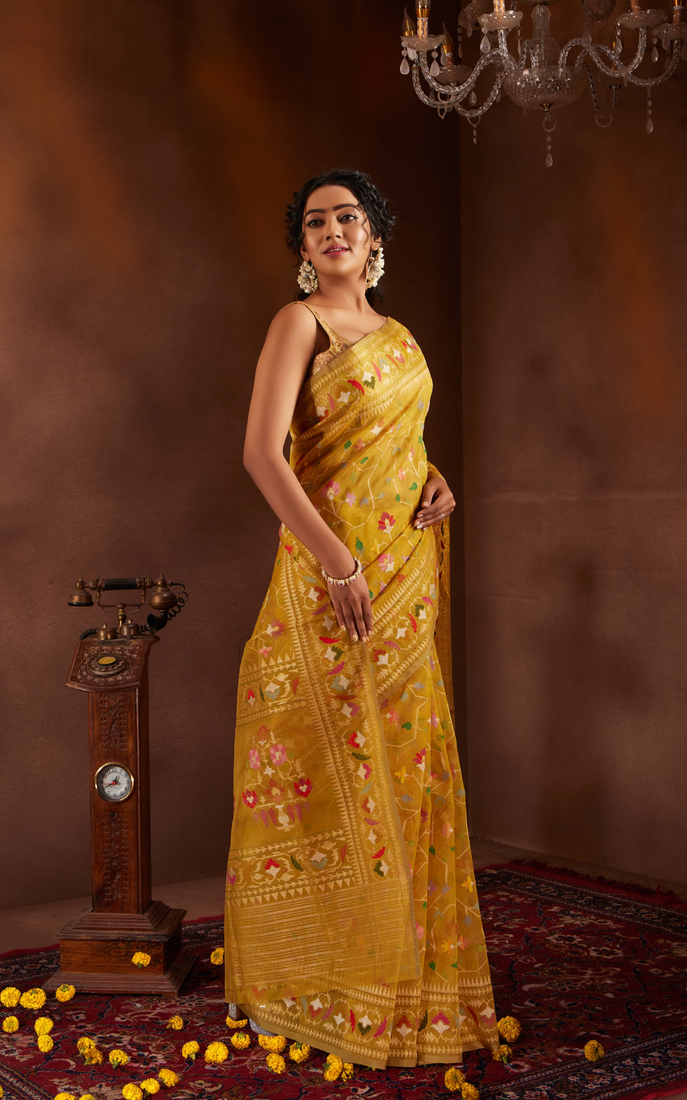 Yellow Real Zari Banarasi Kora Saree With Jamdani Weaves