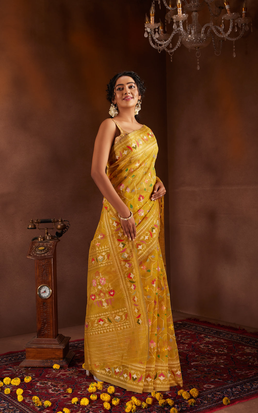 Yellow Real Zari Banarasi Kora Saree With Jamdani Weaves