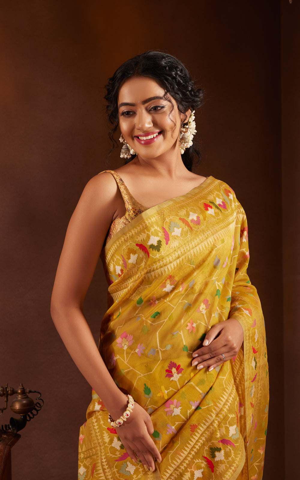 Yellow Real Zari Banarasi Kora Saree With Jamdani Weaves