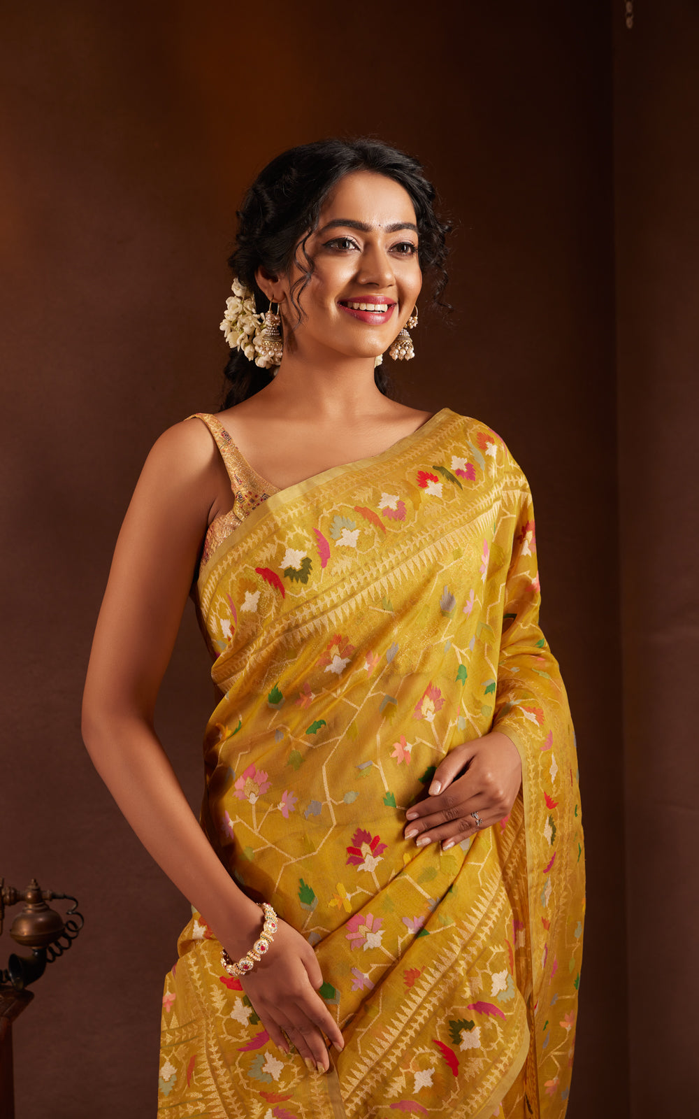 Yellow Real Zari Banarasi Kora Saree With Jamdani Weaves