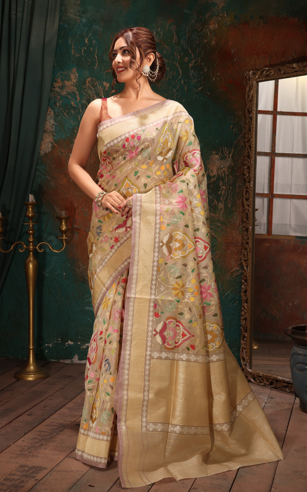 Cream Real Zari Banarasi Kora Saree With Jamdani Weaves