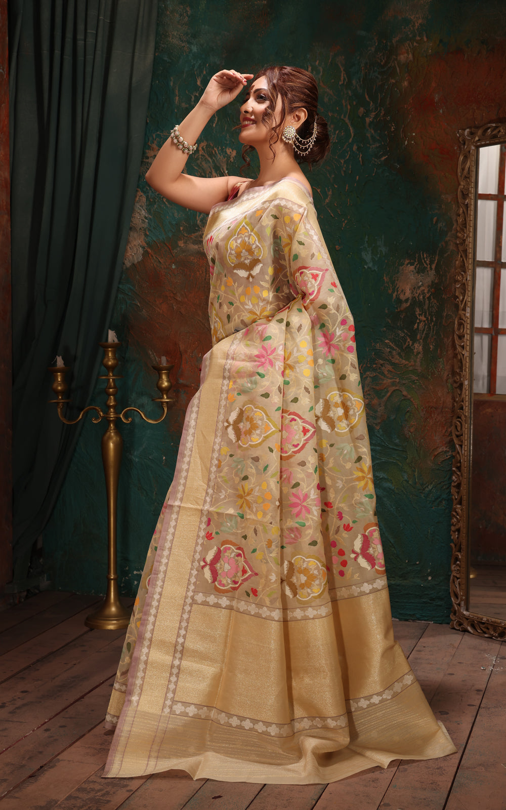 Cream Real Zari Banarasi Kora Saree With Jamdani Weaves