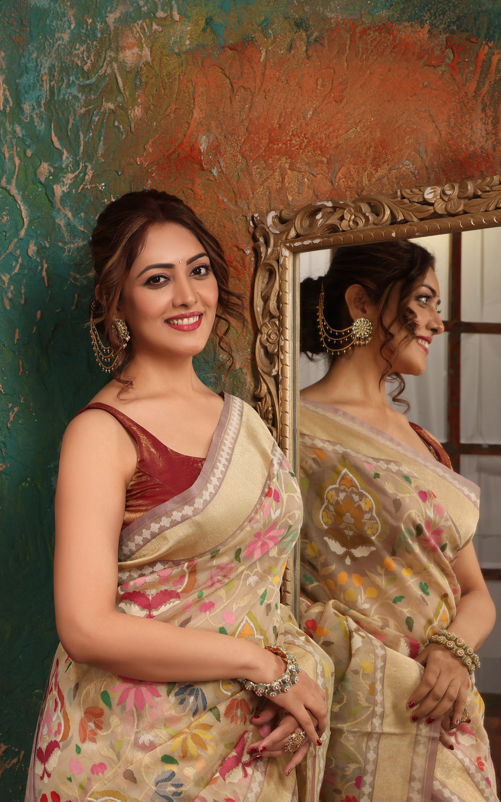 Cream Real Zari Banarasi Kora Saree With Jamdani Weaves