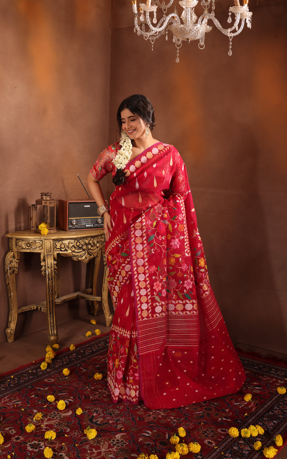 Reddish Pink Real Zari Banarasi Kora Saree With Jamdani Weaves