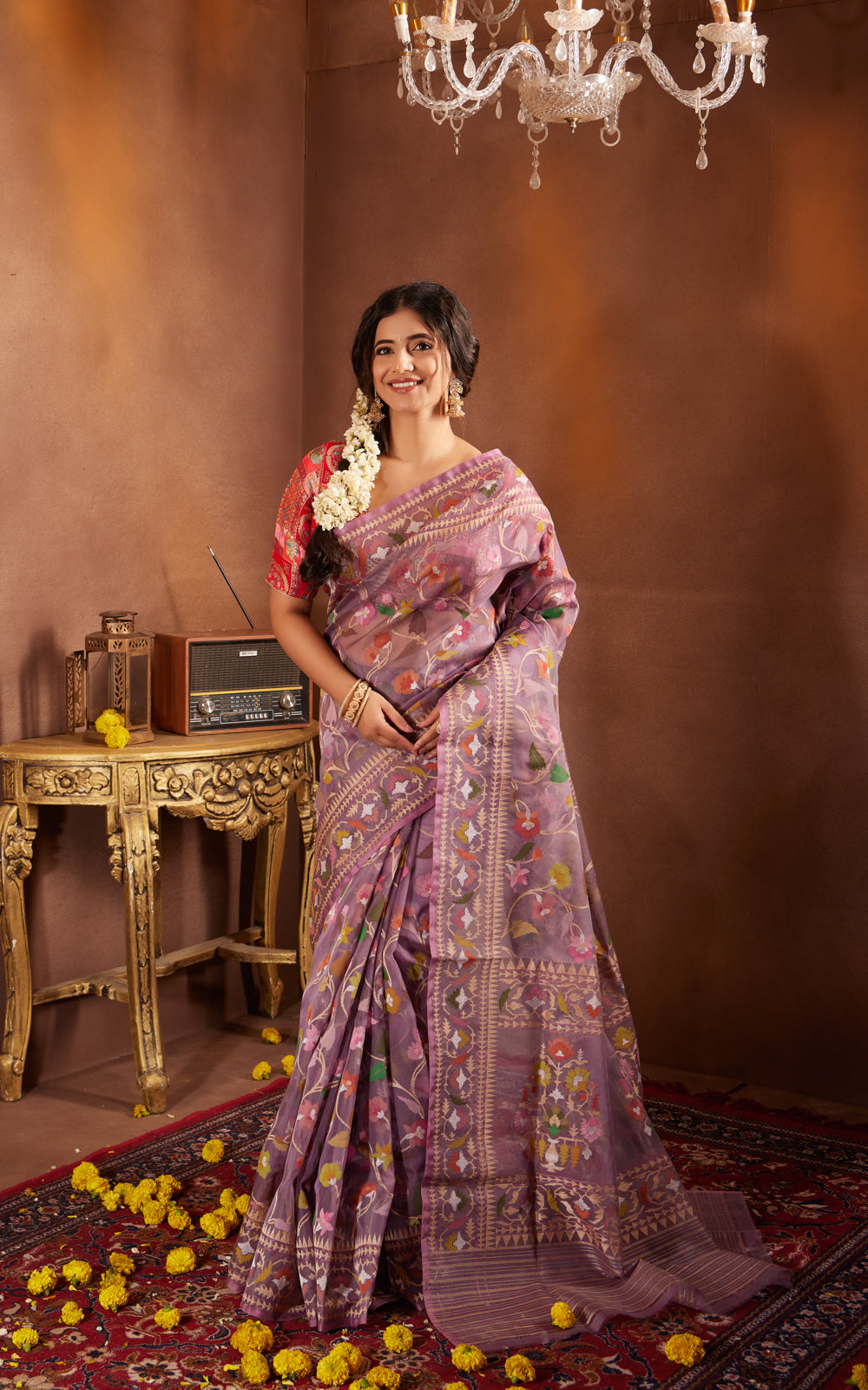 Pastel Purple Real Zari Banarasi Kora Saree With Jamdani Weaves