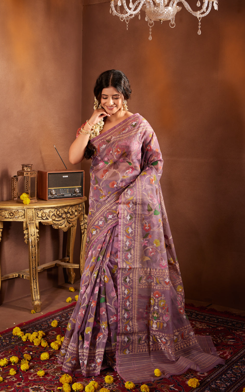 Pastel Purple Real Zari Banarasi Kora Saree With Jamdani Weaves