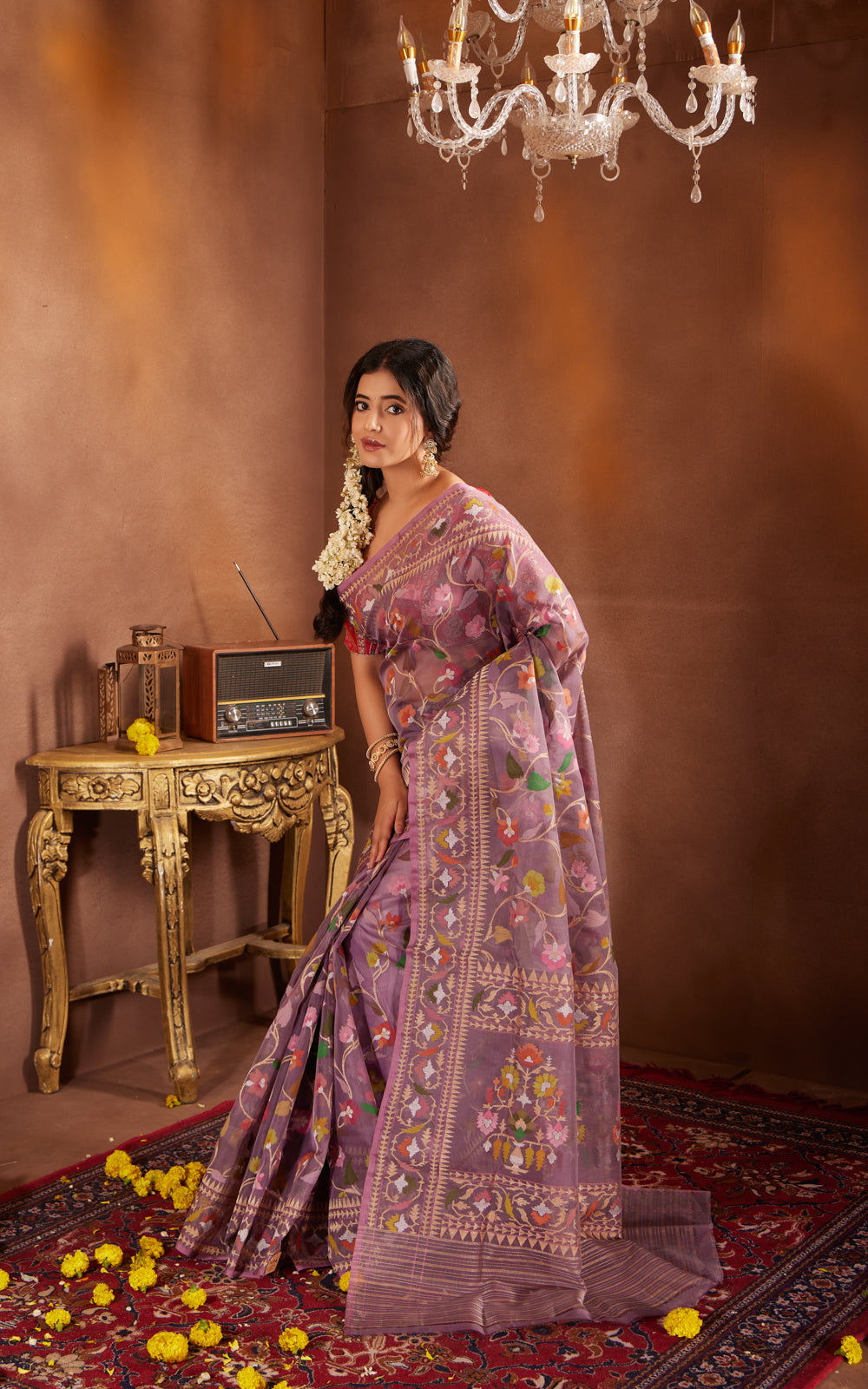 Pastel Purple Real Zari Banarasi Kora Saree With Jamdani Weaves