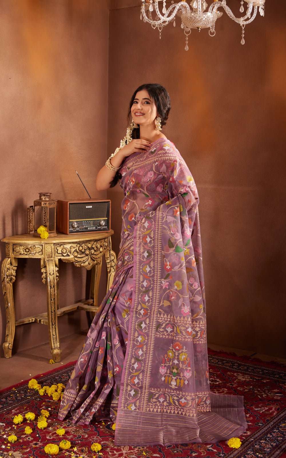 Pastel Purple Real Zari Banarasi Kora Saree With Jamdani Weaves