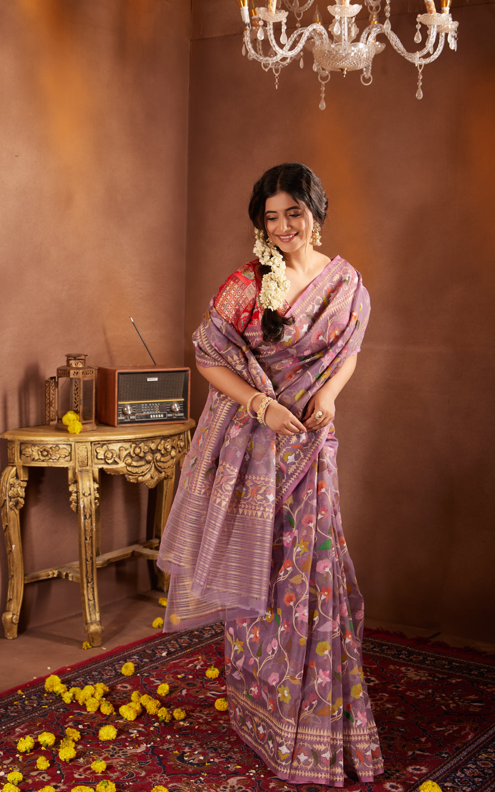 Pastel Purple Real Zari Banarasi Kora Saree With Jamdani Weaves