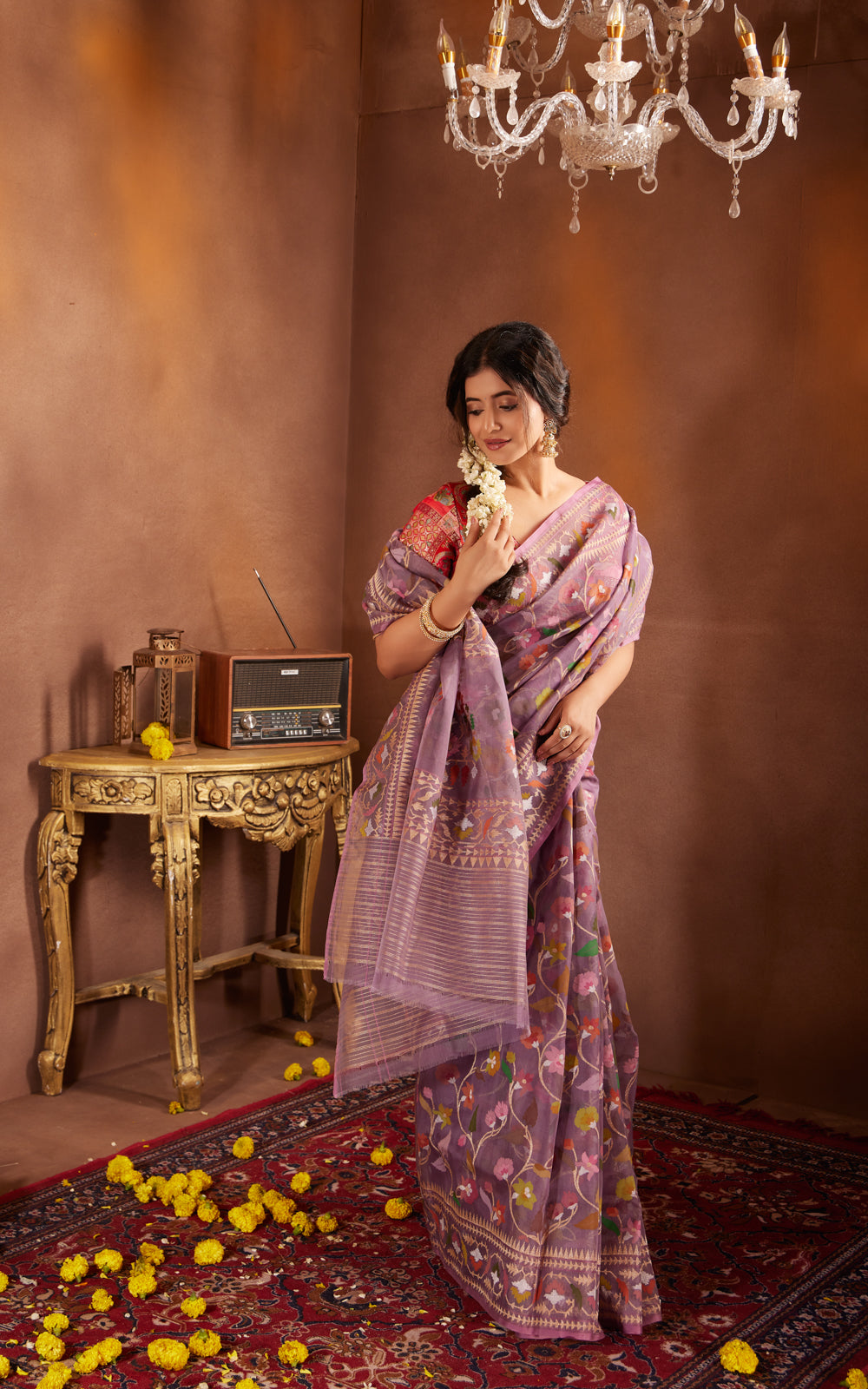 Pastel Purple Real Zari Banarasi Kora Saree With Jamdani Weaves