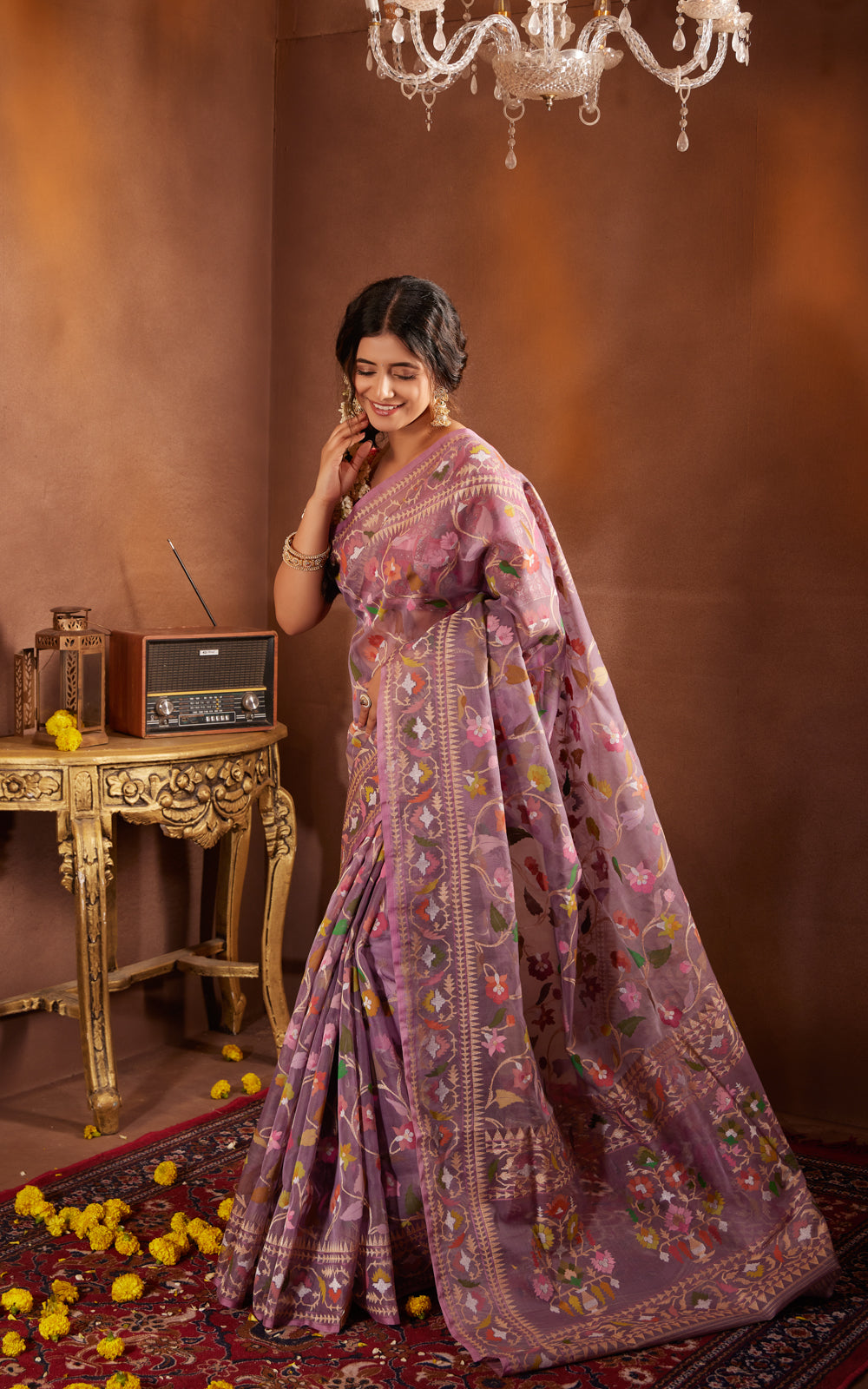 Pastel Purple Real Zari Banarasi Kora Saree With Jamdani Weaves