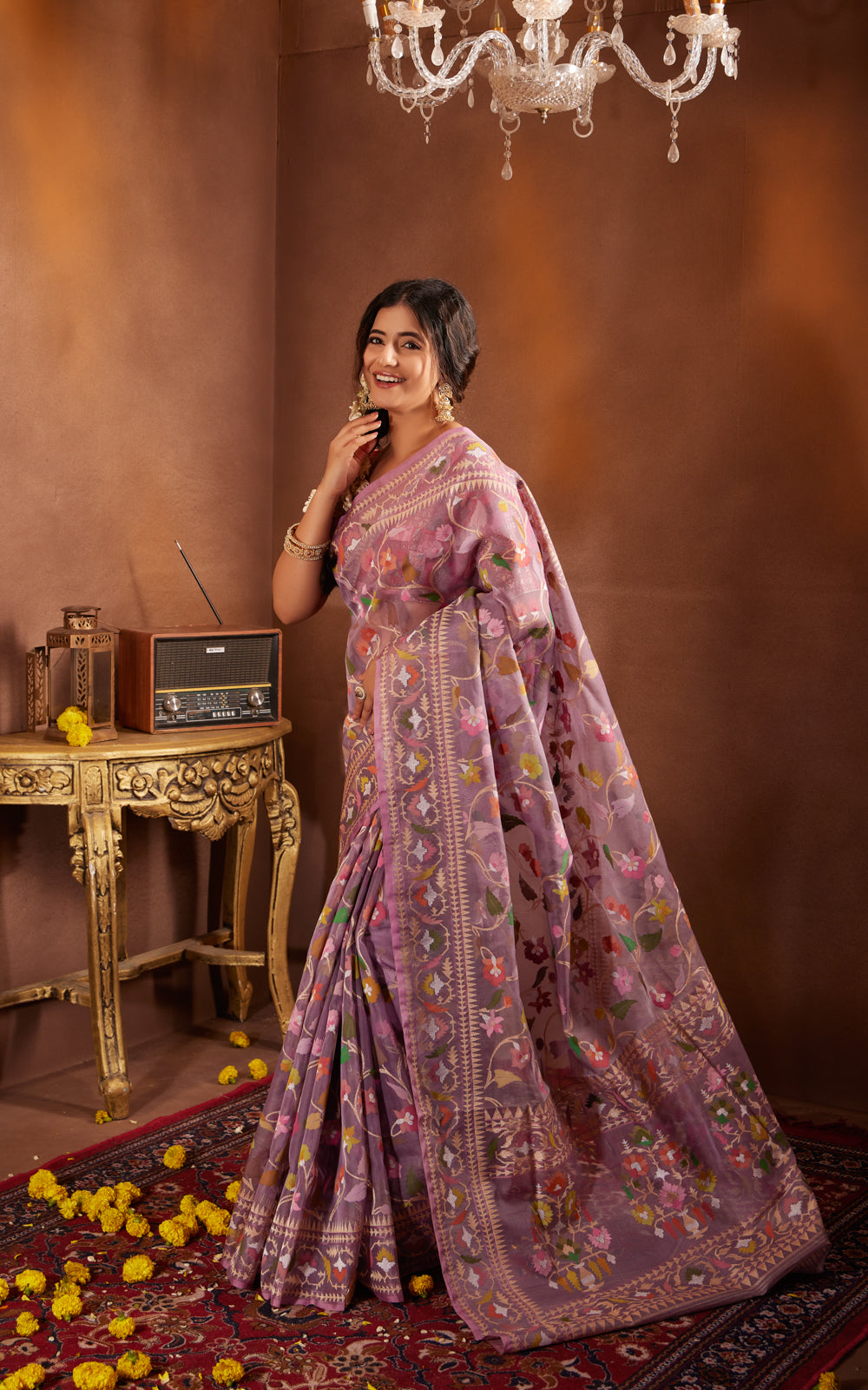 Pastel Purple Real Zari Banarasi Kora Saree With Jamdani Weaves
