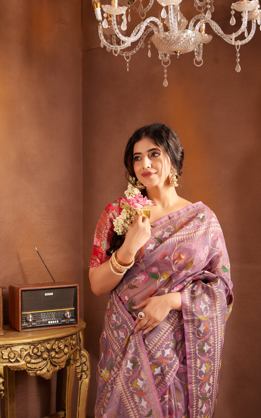 Pastel Purple Real Zari Banarasi Kora Saree With Jamdani Weaves