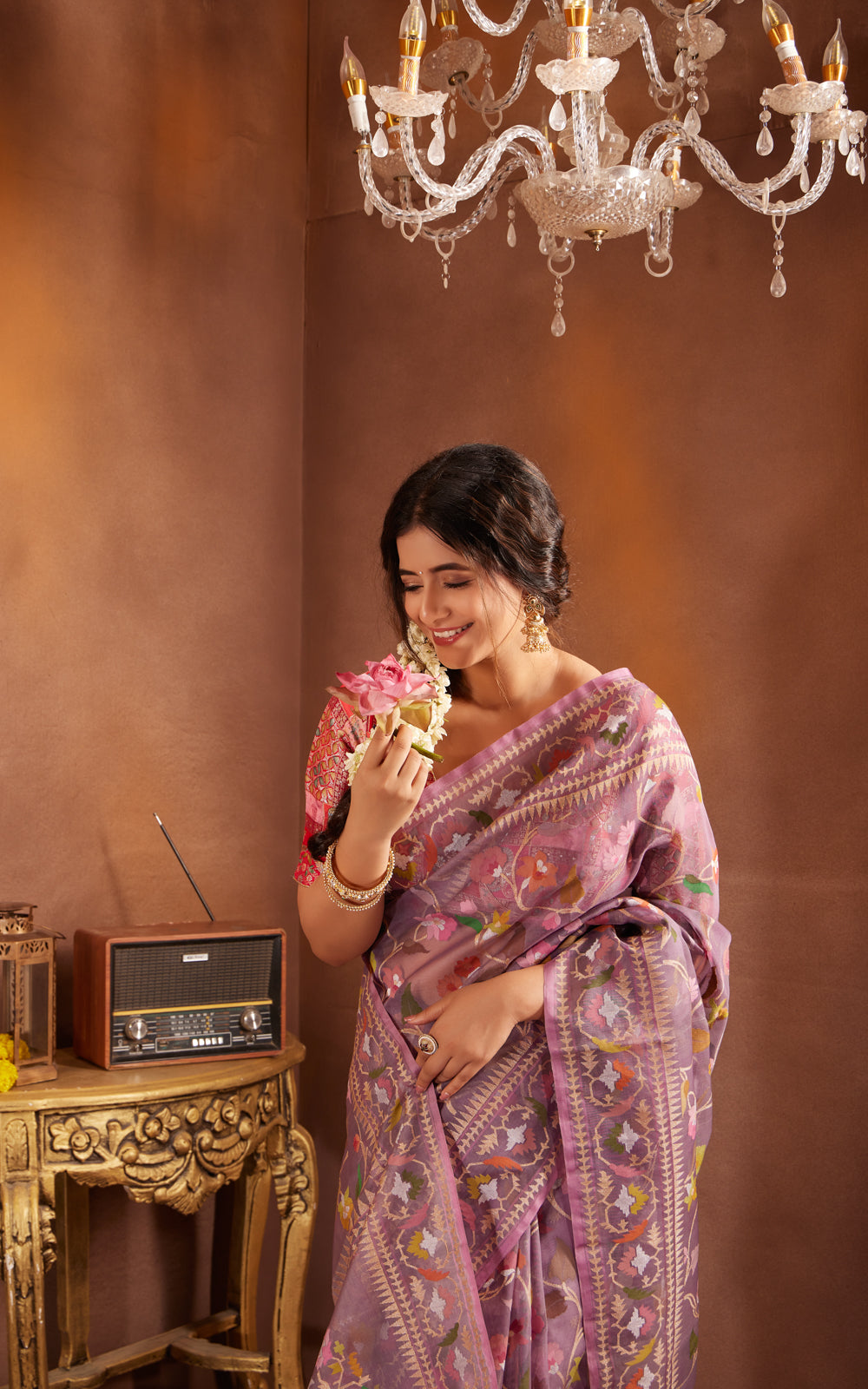 Pastel Purple Real Zari Banarasi Kora Saree With Jamdani Weaves