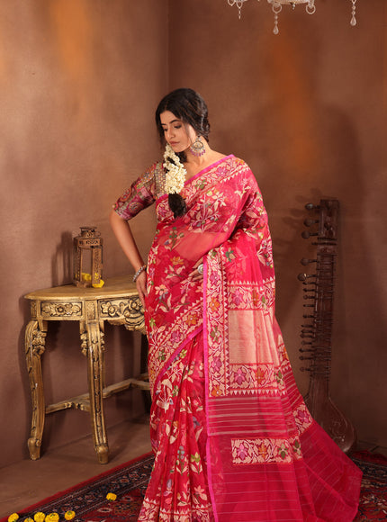 Dark Pink Real Zari Banarasi Kora Saree With Jamdani Weaves