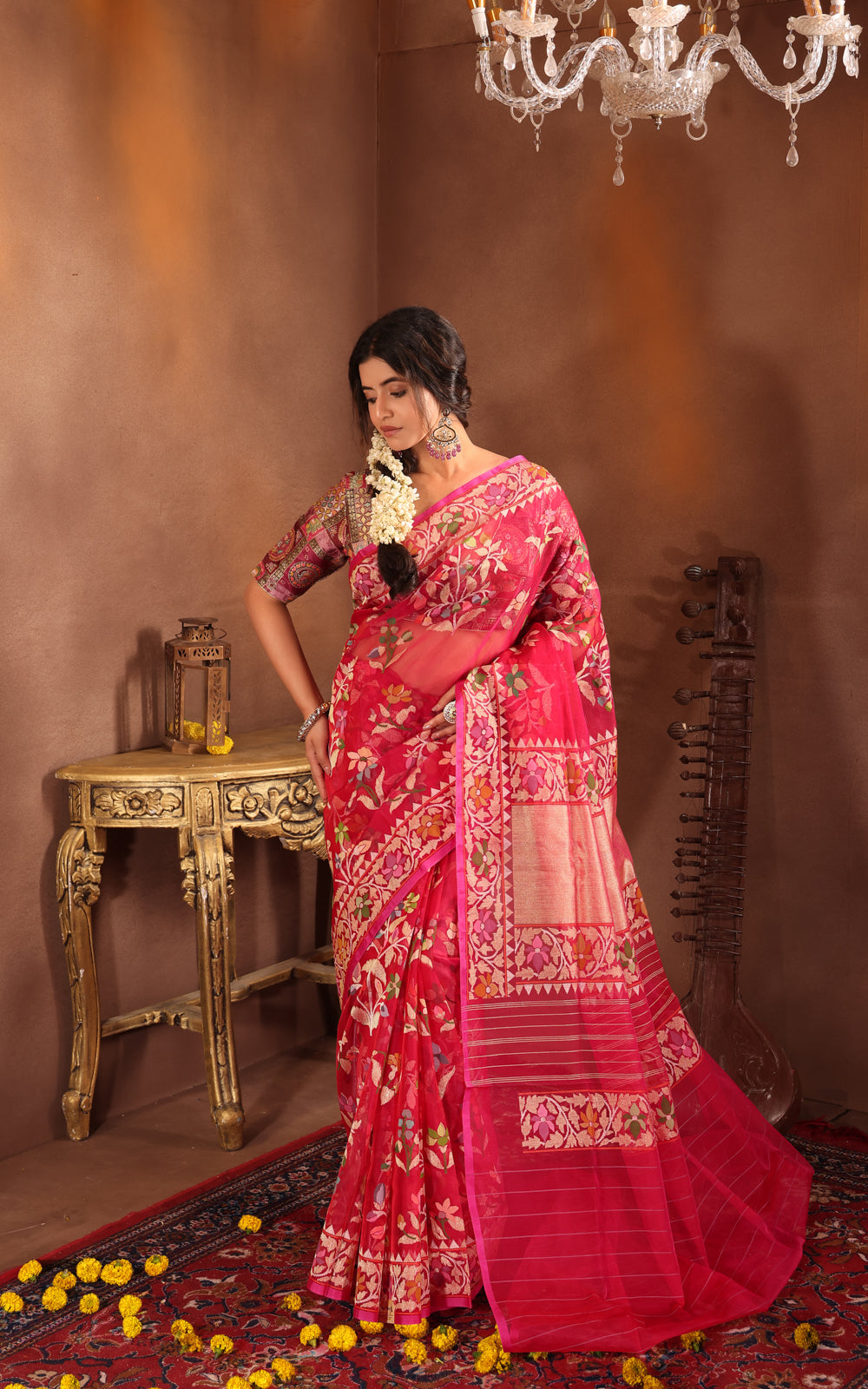 Dark Pink Real Zari Banarasi Kora Saree With Jamdani Weaves