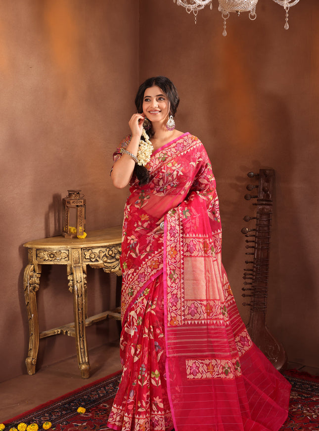 Dark Pink Real Zari Banarasi Kora Saree With Jamdani Weaves
