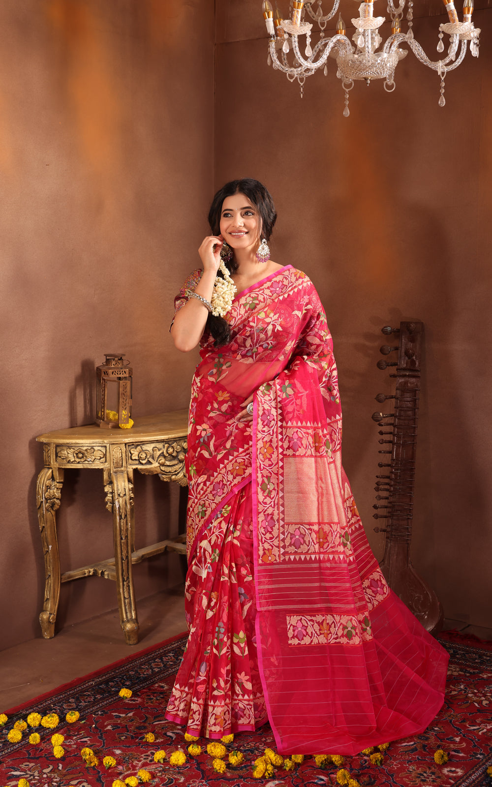 Dark Pink Real Zari Banarasi Kora Saree With Jamdani Weaves