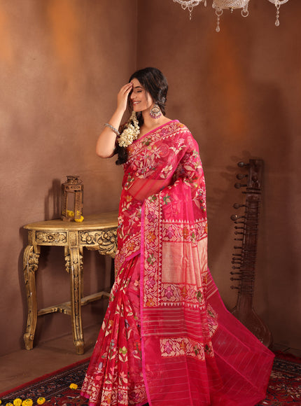 Dark Pink Real Zari Banarasi Kora Saree With Jamdani Weaves