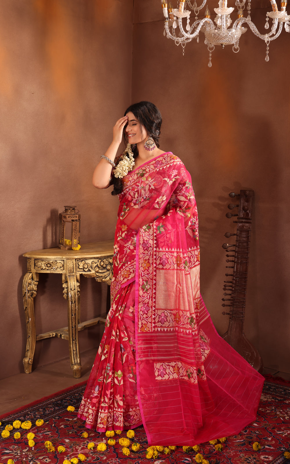 Dark Pink Real Zari Banarasi Kora Saree With Jamdani Weaves