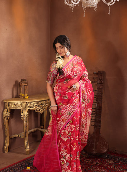 Dark Pink Real Zari Banarasi Kora Saree With Jamdani Weaves