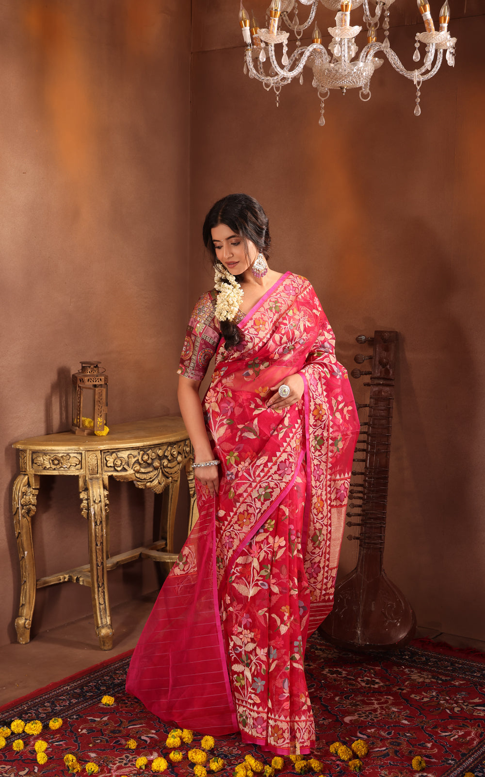 Dark Pink Real Zari Banarasi Kora Saree With Jamdani Weaves