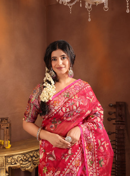 Dark Pink Real Zari Banarasi Kora Saree With Jamdani Weaves