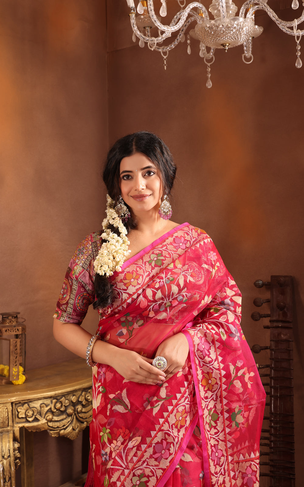 Dark Pink Real Zari Banarasi Kora Saree With Jamdani Weaves